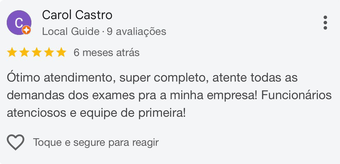 Avaliação 5 estrelas no Google de Carol Castro
